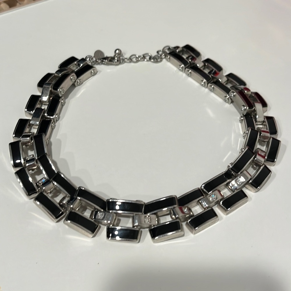 White House Black Market Square Enamel Necklace Black Silver Chain Link 18”